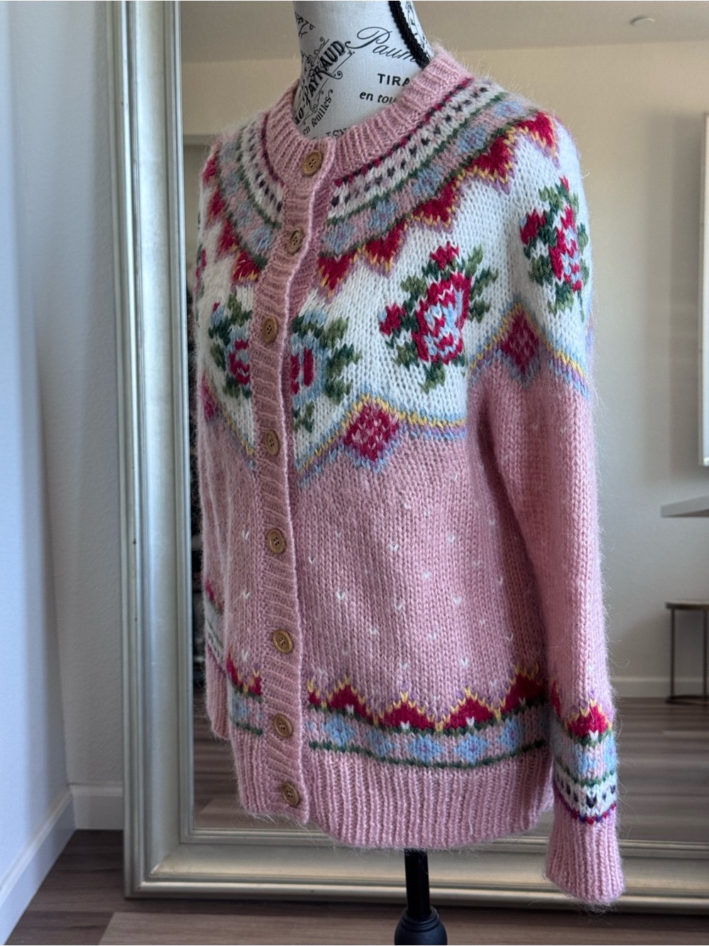 Sundance Irish Rose Fair Isle Wool Pink Button Down Cardigan Sweater Boho Size S - Picture 4 of 9